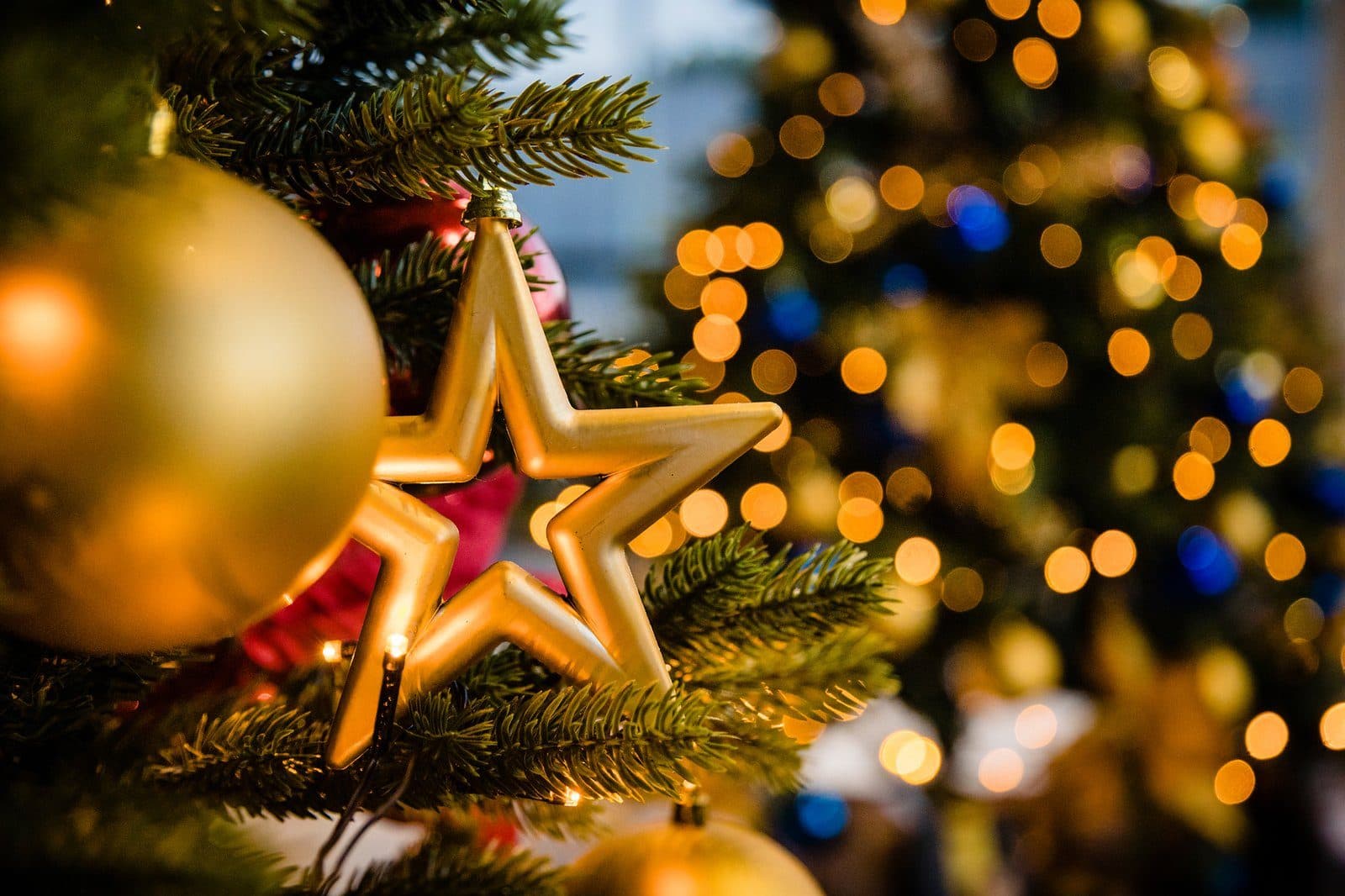 Gouden kerstster en kerstbal in een verlichte kerstboom